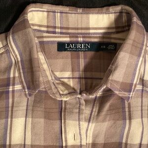 Ralph Lauren LAUREN neutral plaid button front shirt 100% cotton super soft XS